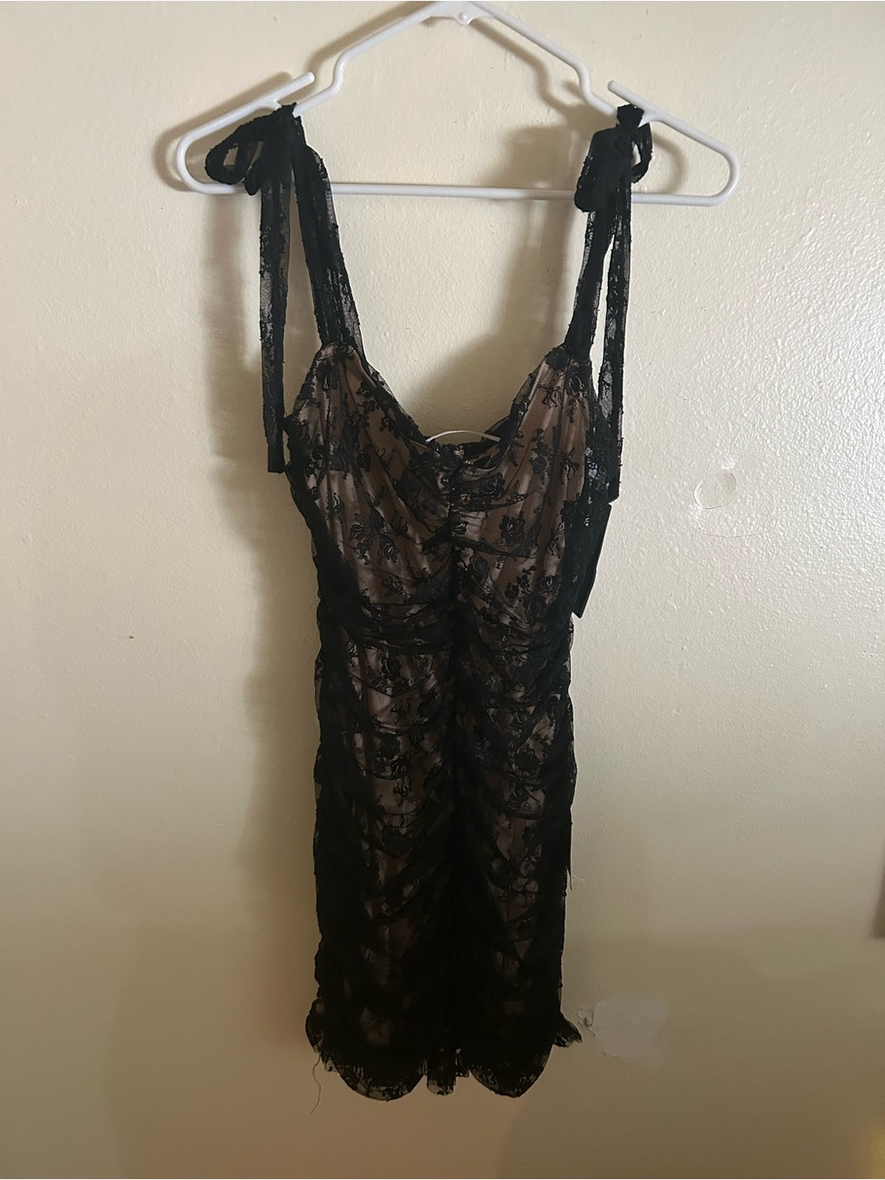 Lulu's Black Lace Overlay Slip Dress with Nude Underlayer